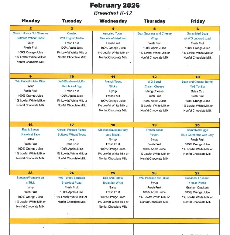 Feb 2026 Breakfast menu 