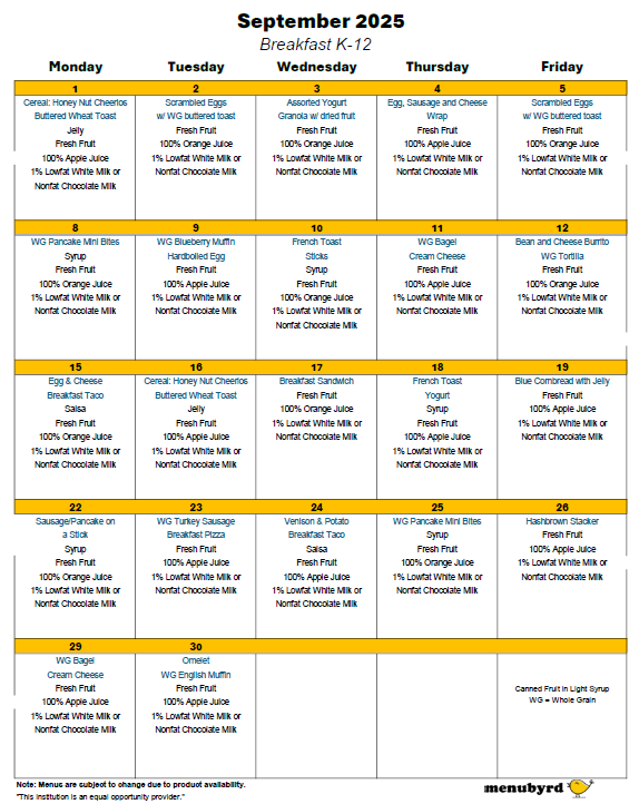 PPCS September Breakfast Menu